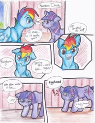 Size: 2552x3300 | Tagged: safe, artist:tristanjsolarez, derpibooru import, rainbow dash, twilight sparkle, pegasus, pony, unicorn, comic:trans ponies, comic, crying, duo, egghead, female, male, mare, stallion, trans boy, trans stallion rainbow dash, transgender, unicorn twilight