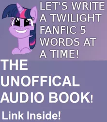 Size: 368x416 | Tagged: safe, derpibooru import, twilight sparkle, pony, unicorn, fanfic, female, link in description, mare, open mouth, smiling, solo, text