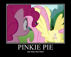 Size: 750x600 | Tagged: suggestive, derpibooru import, edit, edited screencap, screencap, fluttershy, pinkie pie, pony, dat butt, demotivational poster, female, flank, flutterpie, lesbian, mare, meme, motivational poster, pervert, plot