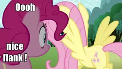 Size: 1280x720 | Tagged: safe, derpibooru import, edit, edited screencap, screencap, fluttershy, pinkie pie, pegasus, pony, butt, caption, dat butt, female, flank, flutterpie, image macro, lesbian, mare, meme, pervert, plot, shipping