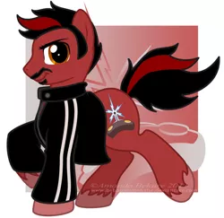 Size: 900x873 | Tagged: angry joe, angry joe show, artist:immortaltanuki, clothes, derpibooru import, jacket, looking at you, moustache, ponified, safe, smiling, smirk, unshorn fetlocks