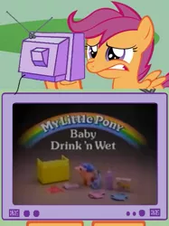 Size: 449x600 | Tagged: safe, derpibooru import, scootaloo, pony, exploitable meme, g1, irl, meme, photo, toy, tv meme