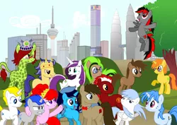 Size: 3508x2480 | Tagged: safe, artist:bluevisionpony, derpibooru import, oc, unofficial characters only, earth pony, giraffe, pegasus, pony, bowtie, city, cityscape, crown, freckles, kl tower, kuala lumpur, malaysia, manchester united, petronas towers, unicon