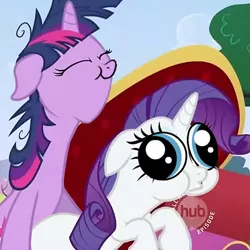 Size: 456x456 | Tagged: suggestive, derpibooru import, edit, edited screencap, screencap, rarity, twilight sparkle, pony, unicorn, lesson zero, :o, :t, derp, eyes closed, female, floppy ears, hey you, implied sex, lesbian, mare, messy mane, puffy cheeks, rarilight, shipping, smiling, surprise sex