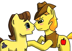 Size: 610x436 | Tagged: artist:braeburnlove, boop, braeburn, caraburn, caramel, derpibooru import, gay, male, safe, shipping