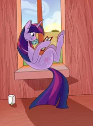 Size: 900x1226 | Tagged: artist:100yearslater, derpibooru import, reading, safe, sunrise, tea, twilight sparkle