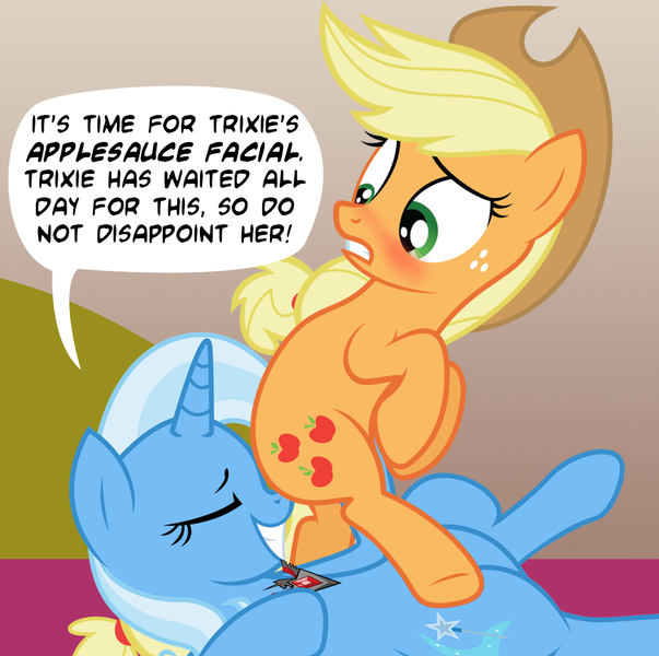 Size: 952x947 | Tagged: questionable, artist:quanno3, derpibooru import, edit, applejack, trixie, magic duel, alicorn amulet, applesauce facial, blushing, eyes closed, facesitting, female, frown, grin, gritted teeth, image, lesbian, looking back, on back, png, shipping, show accurate, show accurate porn, smiling, tripplejack