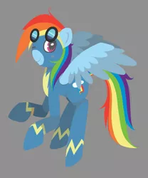 Size: 1303x1566 | Tagged: safe, artist:melaenie, derpibooru import, rainbow dash, pegasus, pony, clothes, female, flying, goggles, gray background, looking at you, mare, simple background, solo, uniform, wonderbolts uniform