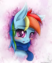 Size: 1080x1310 | Tagged: safe, artist:sonicrainboom93, derpibooru import, rainbow dash, pegasus, pony, blushing, bust, clothes, female, mare, scarf, signature, solo