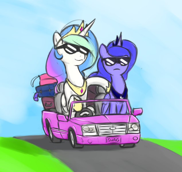 Size: 779x736 | Tagged: safe, artist:poptart36, derpibooru import, princess celestia, princess luna, car, sunglasses, swag