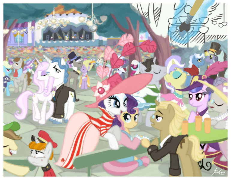 Size: 1024x798 | Tagged: safe, artist:janeesper, derpibooru import, amethyst star, bags valet, caesar, caramel, count caesar, derpy hooves, eclair créme, fancypants, fine line, fleur-de-lis, four step, golden gavel, hayseed turnip truck, hoity toity, jangles, jet set, lady justice, linky, lyrica lilac, masquerade, maxie, midnight fun, neon lights, north star, orion, perry pierce, photo finish, pish posh, ponet, pretty vision, rarity, regal candent, rising star, royal ribbon, sapphire shores, sea swirl, seafoam, shoeshine, shooting star (character), silver frames, soigne folio, twinkleshine, upper crust, vidala swoon, earth pony, pegasus, pony, unicorn, art, background pony, female, impressionism, magic, magic aura, male, mare, modern art, paintbrush, royal guard, stallion, unicorn royal guard