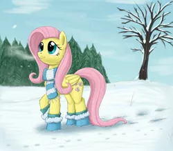 Size: 2008x1762 | Tagged: artist:otakuap, bare tree, boots, breath, clothes, cute, derpibooru import, fluffy, fluttershy, hoofprints, looking up, raised hoof, safe, scarf, smiling, snow, snowfall, solo, tree, winter