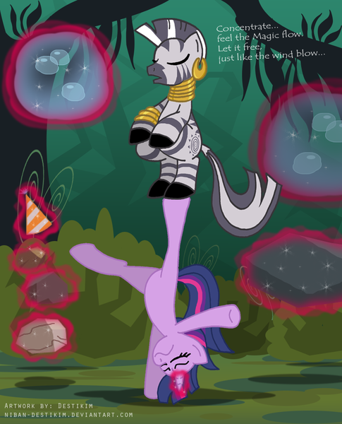 Size: 821x1015 | Tagged: safe, artist:niban-destikim, derpibooru import, rocky, twilight sparkle, zecora, pony, zebra, magic duel, balance, handstand, magic, scene interpretation, star wars, upside down