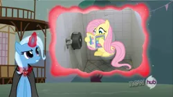 Size: 853x479 | Tagged: safe, derpibooru import, edit, edited screencap, screencap, fluttershy, trixie, pony, unicorn, magic duel, all new, but why, exploitable meme, female, irl, magazine, mare, meme, photo, ponies in real life, reading, text, toilet, trixivision, vector