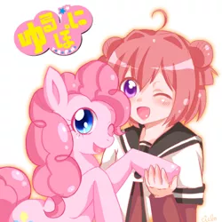 Size: 600x600 | Tagged: akari akaza, anime, artist:charmyamber, clothes, crossover, cute, dead source, derpibooru import, diapinkes, duo, japanese, open mouth, pinkie pie, safe, school uniform, simple background, white background, wink, yuru yuri