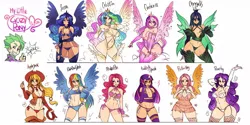 Size: 1280x640 | Tagged: suggestive, artist:maniacpaint, derpibooru import, applejack, fluttershy, pinkie pie, princess cadance, princess celestia, princess luna, queen chrysalis, rainbow dash, rarity, spike, twilight sparkle, human, :<, armpits, bedroom eyes, belly button, blushing, bow, bra, bracelet, breasts, busty applejack, busty fluttershy, busty pinkie pie, busty princess cadance, busty princess celestia, busty queen chrysalis, busty rarity, busty twilight sparkle, clothes, corset, crown, curvy, evening gloves, female, fingerless gloves, frown, garters, gloves, grin, horned humanization, humanized, lasso, lingerie, looking at you, mane seven, mane six, mouth hold, nightgown, open mouth, panties, paper fan, rope, royal sisters, see-through, smiling, spread wings, stockings, tan lines, thong, thumbs up, underass, underwear, wide hips, winged humanization, wink