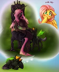 Size: 950x1145 | Tagged: safe, artist:vella, derpibooru import, fluttershy, oc, oc:vesairus, anthro, changeling, changeling queen, pegasus, pony, blushing, canon x oc, changeling oc, changelingified, female, flutterling, flutterus, imagine spot, male, oh my, thought bubble