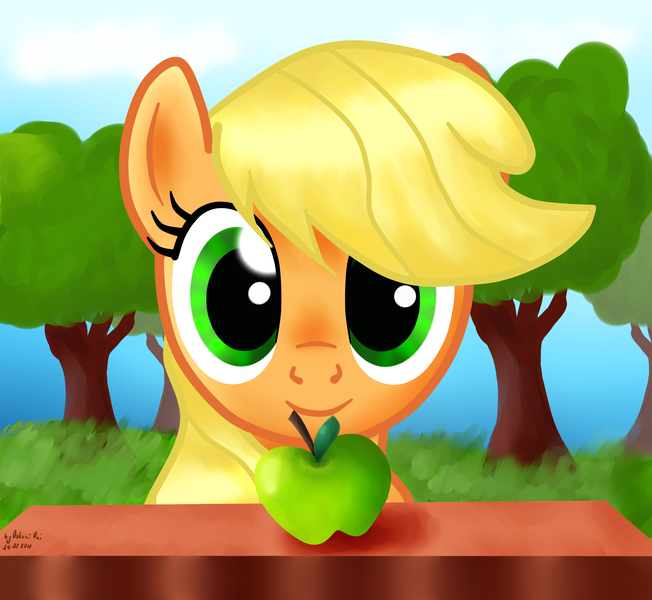 Size: 3008x2767 | Tagged: safe, artist:0okami-0ni, derpibooru import, applejack, apple, obligatory apple, table