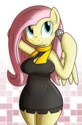 Size: 860x1300 | Tagged: anthro, artist:tg-0, breasts, busty fluttershy, cleavage, clothes, derpibooru import, dress, female, fluttershy, microphone, safe