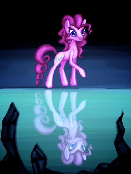 Size: 897x1196 | Tagged: safe, artist:jejejoja, derpibooru import, pinkie pie, earth pony, pony, too many pinkie pies, cave, cave pool, mirror pool, raised hoof, reflection, solo