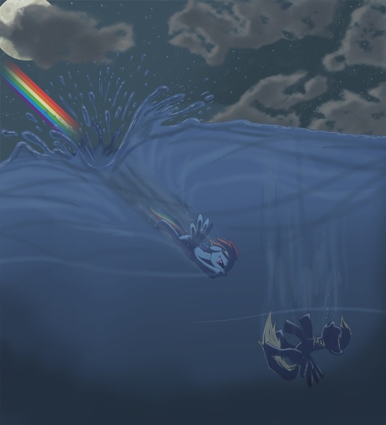 Size: 1000x1102 | Tagged: safe, artist:lethalnoodle, artist:vinylsscratch, derpibooru import, derpy hooves, rainbow dash, pegasus, pony, derpydash, duo, duo female, female, image, jpeg, lesbian, mare, rescue, shipping, sinking, splash, swimming, underwater, water