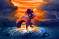 Size: 1800x1200 | Tagged: artist:jokerpony, derpibooru import, magic training, pose, safe, solo, stance, sunset, twilight sparkle, water