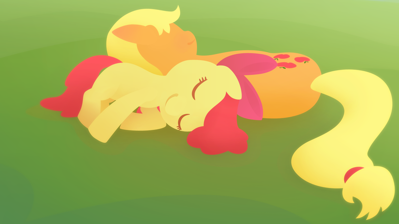 Size: 1920x1080 | Tagged: safe, artist:gingermint, artist:icekatze, derpibooru import, apple bloom, applejack, earth pony, pony, blank flank, cutie mark, female, filly, foal, hooves, lineless, lying down, mare, nap, sleeping, wallpaper