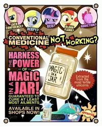 Size: 2829x3536 | Tagged: safe, artist:mysticalpha, derpibooru import, apple bloom, berry punch, berryshine, derpy hooves, fluttershy, princess celestia, twilight sparkle, pegasus, pony, female, jar, magic in a jar, mare, one eye closed, poster, seems legit, urine, wink