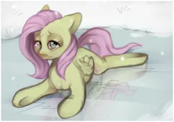 Size: 1600x1124 | Tagged: artist:imalou, crying, fluttershy, ice, safe, snow, snowfall, solo