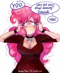 Size: 1280x1537 | Tagged: artist:glasmond, artist:human-pinkie-pie, big breasts, blushing, breasts, busty pinkie pie, cleavage, collar, crying, cuffs (clothes), derpibooru import, dialogue, female, human, humanized, i have no mouth and i must scream, i have no nose and i must breathe, implied trixie, light skin, magic duel, no mouth, no nose, pet tag, pinkie pie, safe, solo, wide eyes