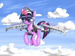 Size: 1200x900 | Tagged: safe, artist:madhotaru, derpibooru import, twilight sparkle, unicorn, artificial wings, augmented, cloud, flying, magitek, mechanical wing, solo, unicorn twilight, wings