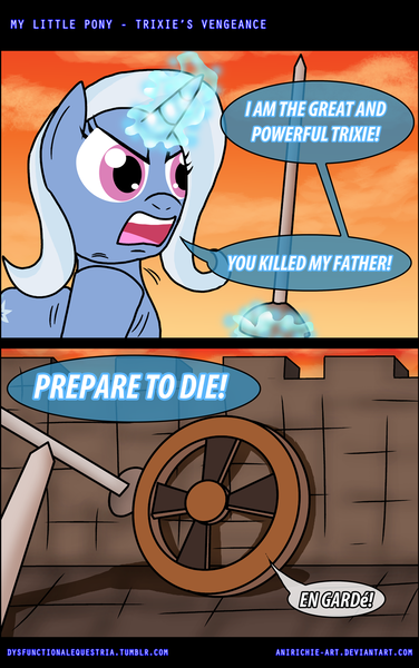 Size: 800x1277 | Tagged: safe, artist:ladyanidraws, derpibooru import, trixie, pony, unicorn, comic, crossover, don't trust wheels, female, glowing horn, horn, inigo montoya, levitation, magic, magic aura, mare, movie reference, prepare to die, telekinesis, that pony sure does hate wheels, the princess bride, wheel, wheels trixie, you killed my father