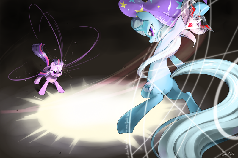 Size: 1280x853 | Tagged: alicorn amulet, artist:jiayi, derpibooru import, duo, safe, trixie, twilight sparkle