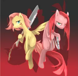 Size: 845x824 | Tagged: semi-grimdark, artist:tachikawa, derpibooru import, fluttershy, pinkie pie, earth pony, pegasus, pony, blood, butchershy, crossover, female, higurashi no naku koro ni, mare, pinkamena diane pie, pixiv, syringe, weapon