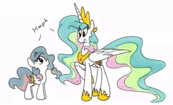 Size: 900x547 | Tagged: dead source, safe, artist:frankilew, derpibooru import, princess celestia, alicorn, pony, unicorn, alternate universe, duo, hmph, looking at each other, race swap, raised hoof, self ponidox, simple background, unicorn celestia, white background