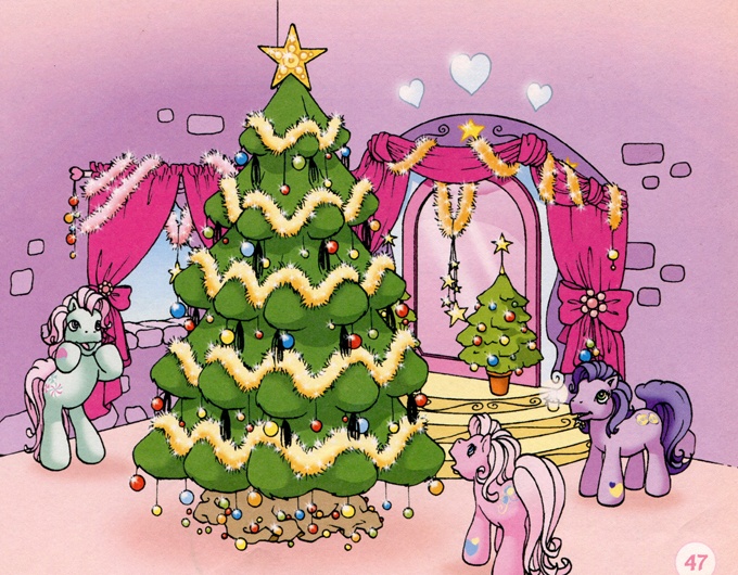 Size: 680x530 | Tagged: safe, derpibooru import, official, kimono, minty, pinkie pie, pony, bipedal, christmas, christmas tree, g3, looking up, open mouth, smiling, tree