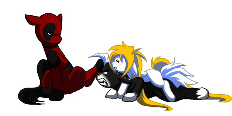 Size: 1200x600 | Tagged: artist:thamutt, blank flank, crying, deadpool, deadpool is best pony, derpibooru import, freckles, oc, oc:domino, oc:frolic, ponified, safe