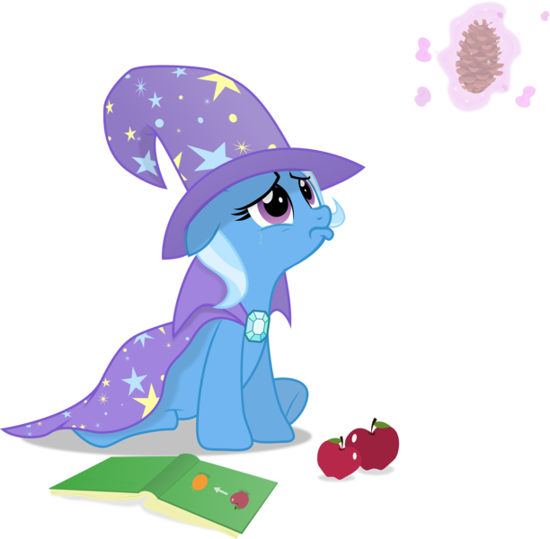 Size: 7031x6897 | Tagged: absurd resolution, apple, artist:regolithx, book, crying, cute, derpibooru import, diatrixes, floppy ears, food, levitation, looking up, magic, pinecone, pouting, sad, safe, simple background, telekinesis, too many pinkie pies, transparent background, trixie, vector