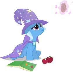 Size: 7031x6897 | Tagged: absurd resolution, apple, artist:regolithx, book, crying, cute, derpibooru import, diatrixes, floppy ears, food, levitation, looking up, magic, pinecone, pouting, sad, safe, simple background, telekinesis, too many pinkie pies, transparent background, trixie, vector