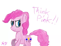 Size: 1024x768 | Tagged: safe, artist:xxmobianequinexx, derpibooru import, pinkie pie, earth pony, pony, female, looking at you, mare, pink, raised hoof, simple background, smiling, smirk, solo, white background