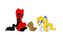 Size: 1920x1080 | Tagged: artist:redflamekitty44, blank flank, deadpool, deadpool is best pony, derpibooru import, freckles, oc, oc:frolic, ponified, safe, teddy bear