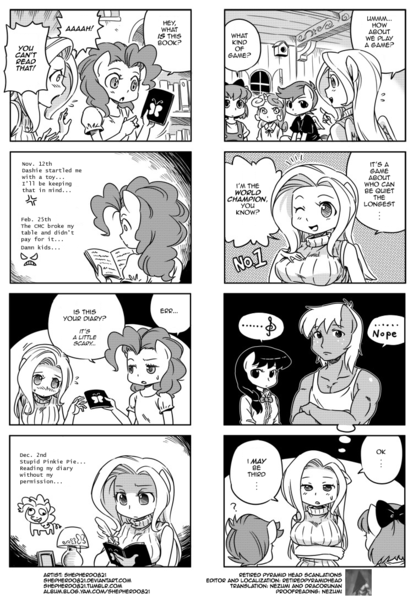 Size: 750x1090 | Tagged: 4koma, ambiguous facial structure, anthro, apple bloom, artist:shepherd0821, big breasts, big macintosh, breasts, busty fluttershy, clothes, comic, derpibooru import, female, fluttershy, monochrome, octavia melody, pinkie pie, safe, scootaloo, sleeveless turtleneck, sweater, sweatershy, sweetie belle