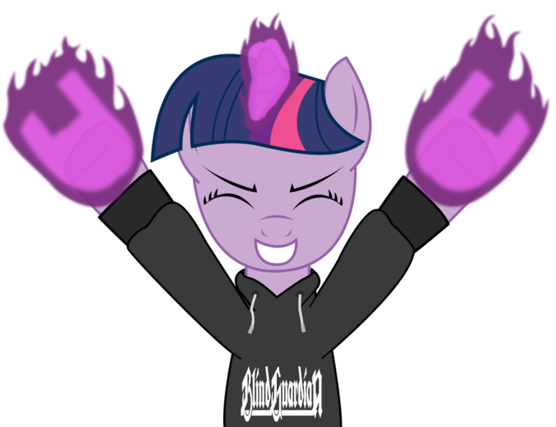 Size: 900x691 | Tagged: artist:josemanuelsalas, blackletter, blind guardian, clothes, derpibooru import, heavy metal, hoodie, magic, maloik, metal, music, power metal, safe, simple background, transparent background, twilight sparkle