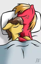 Size: 1224x1920 | Tagged: suggestive, artist:fearingfun, derpibooru import, big macintosh, caramel, earth pony, pony, bed, caramac, cuddling, gay, licking, male, neck licking, shipping, stallion, under the covers