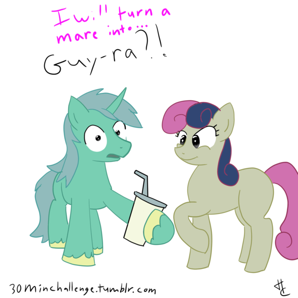 Size: 1280x1280 | Tagged: artist needed, safe, derpibooru import, bon bon, lyra heartstrings, sweetie drops, earth pony, pony, unicorn, magic duel, 30 minute art challenge, bon bon is amused, drink, duo, guyra, rule 63, shrunken pupils, simple background, transformation, transparent background, unshorn fetlocks