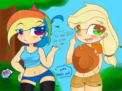 Size: 1024x768 | Tagged: safe, artist:kikiluv17, derpibooru import, applejack, rainbow dash, appledash, belly button, clothes, humanized, shipping, tanktop, wide hips