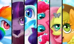 Size: 1000x600 | Tagged: applejack, artist:piscimancy, butterfly, confetti, derpibooru import, fluttershy, mane six, pinkie pie, rainbow dash, rarity, safe, twilight sparkle