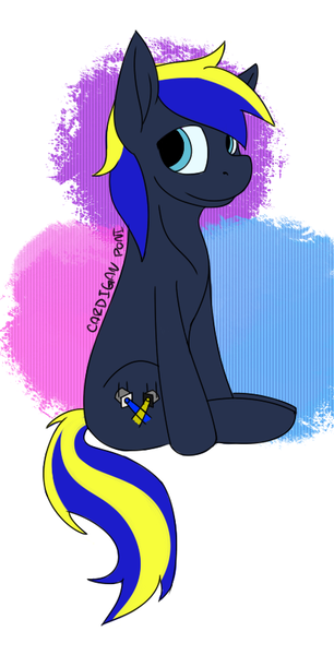Size: 430x842 | Tagged: safe, artist:cardigan-poni, derpibooru import, oc, oc:dusk shine, unofficial characters only, earth pony, pony, looking back, male, sitting, smiling, solo, stallion