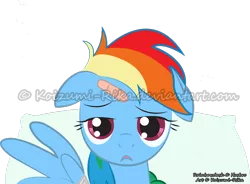 Size: 1600x1179 | Tagged: safe, artist:koizumi-rika, derpibooru import, rainbow dash, bandage, bandaid, byline, floppy ears, frown, looking at you, messy mane, pillow, solo, spread wings, tired, vector