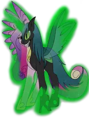 Size: 900x1293 | Tagged: safe, artist:100yearslater, derpibooru import, princess cadance, queen chrysalis, alicorn, changeling, pony, cadance two face, character to character, crown, disguise, disguised changeling, duality, evil grin, fake cadance, fangs, female, glow, glowing horn, grin, hoof shoes, jewelry, magic, mare, peytral, regalia, simple background, smiling, solo, spread wings, standing, teeth, transparent background, wings